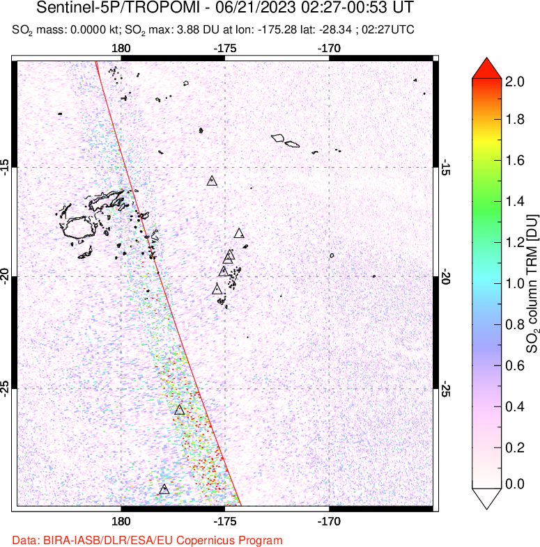 A sulfur dioxide image over Tonga, South Pacific on Jun 21, 2023.