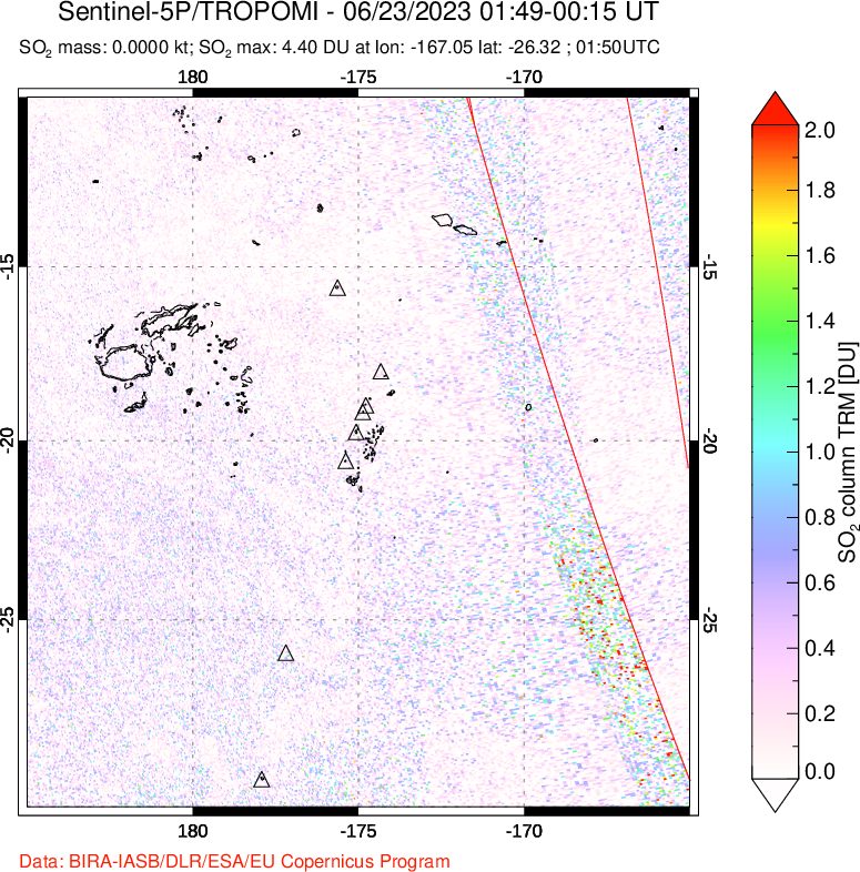 A sulfur dioxide image over Tonga, South Pacific on Jun 23, 2023.