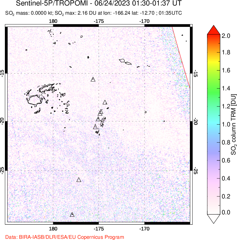 A sulfur dioxide image over Tonga, South Pacific on Jun 24, 2023.