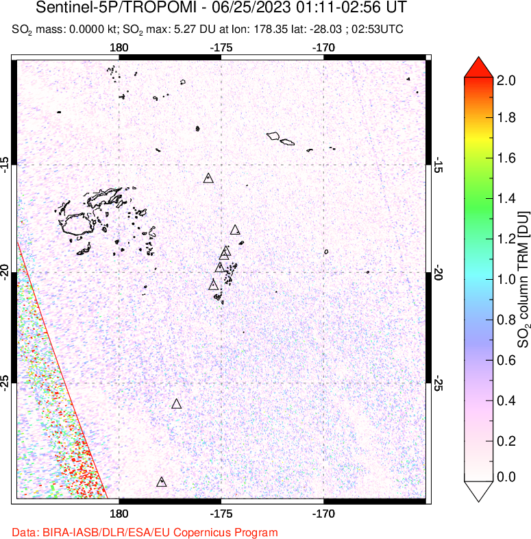A sulfur dioxide image over Tonga, South Pacific on Jun 25, 2023.