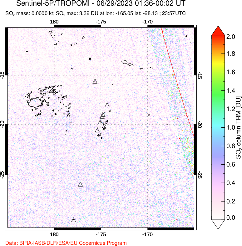 A sulfur dioxide image over Tonga, South Pacific on Jun 29, 2023.