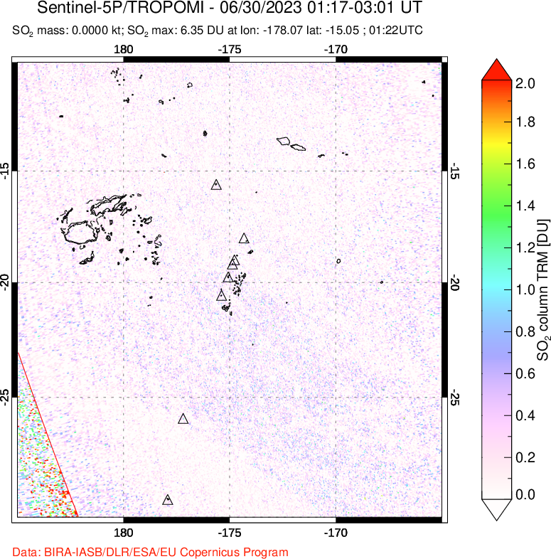 A sulfur dioxide image over Tonga, South Pacific on Jun 30, 2023.