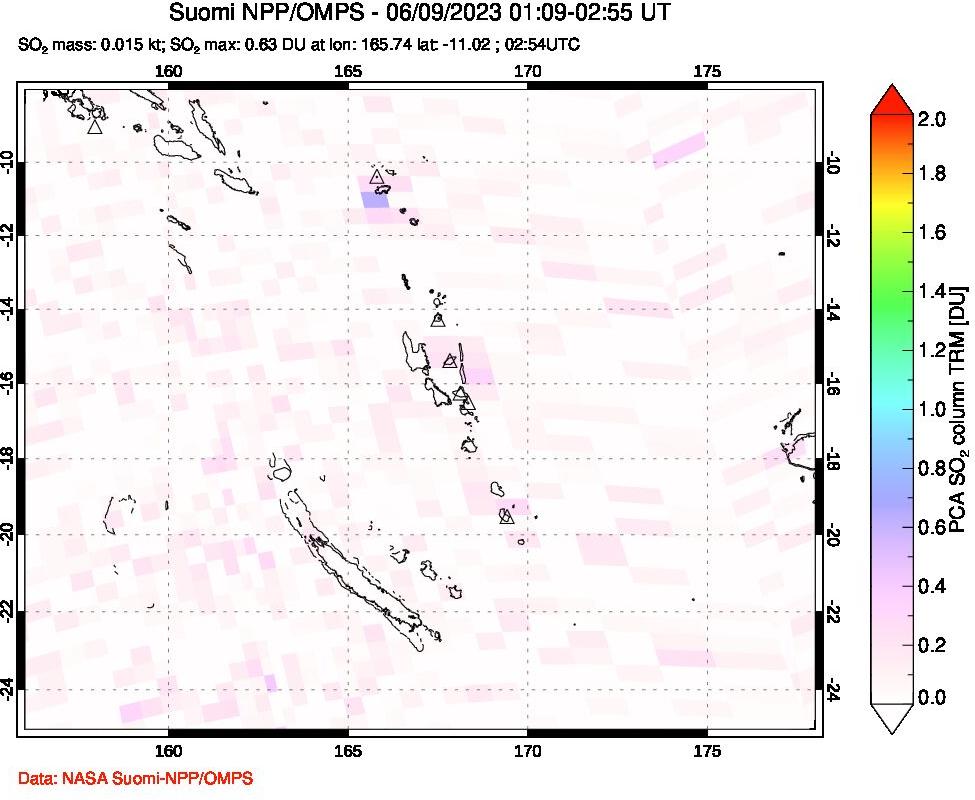 A sulfur dioxide image over Vanuatu, South Pacific on Jun 09, 2023.