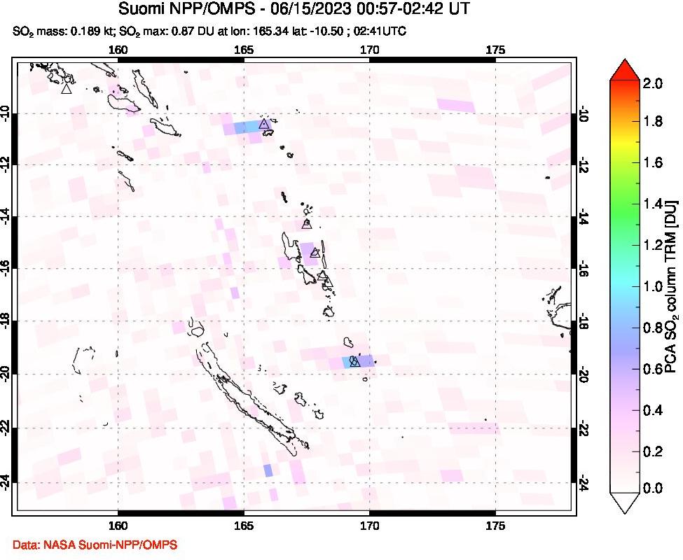 A sulfur dioxide image over Vanuatu, South Pacific on Jun 15, 2023.