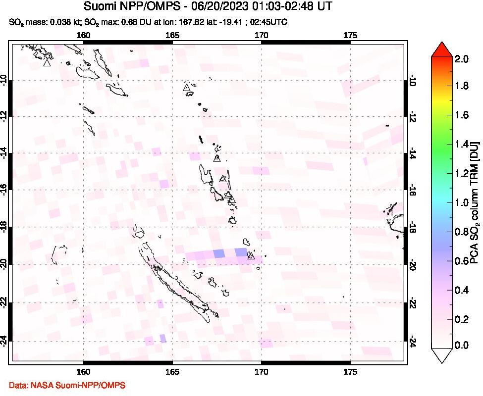 A sulfur dioxide image over Vanuatu, South Pacific on Jun 20, 2023.