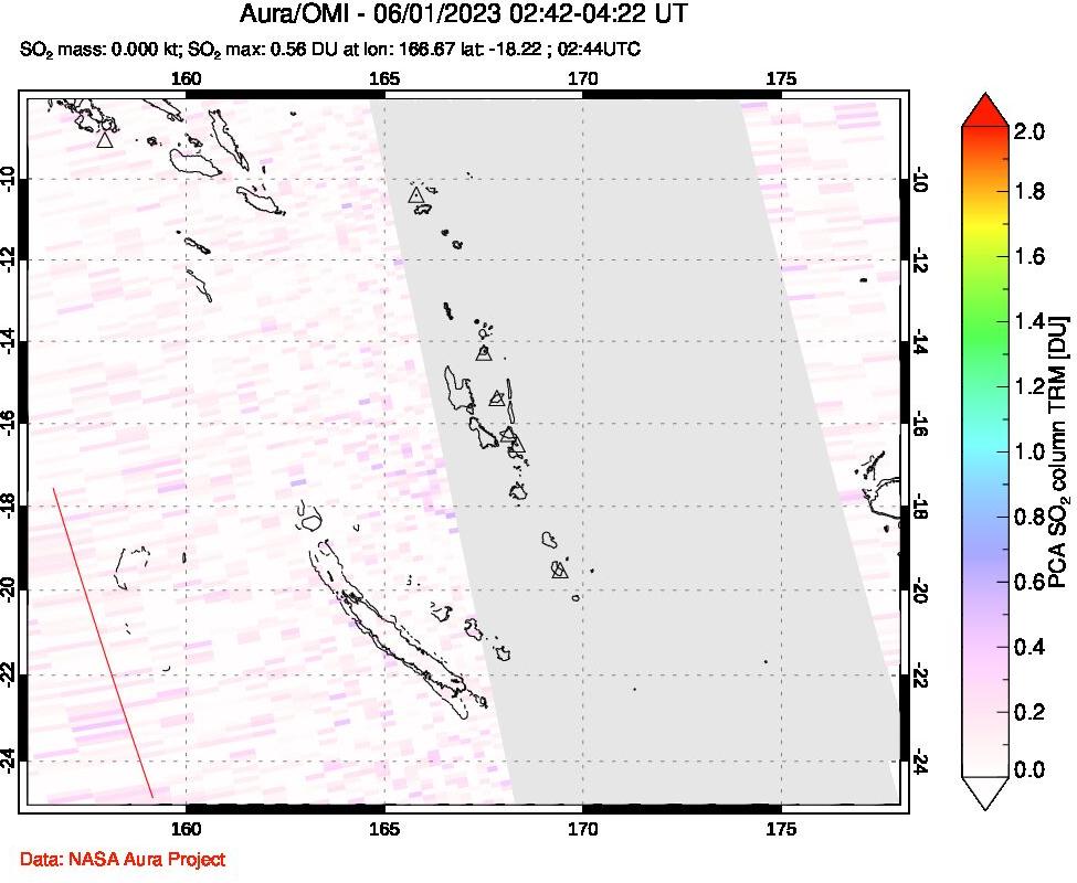 A sulfur dioxide image over Vanuatu, South Pacific on Jun 01, 2023.