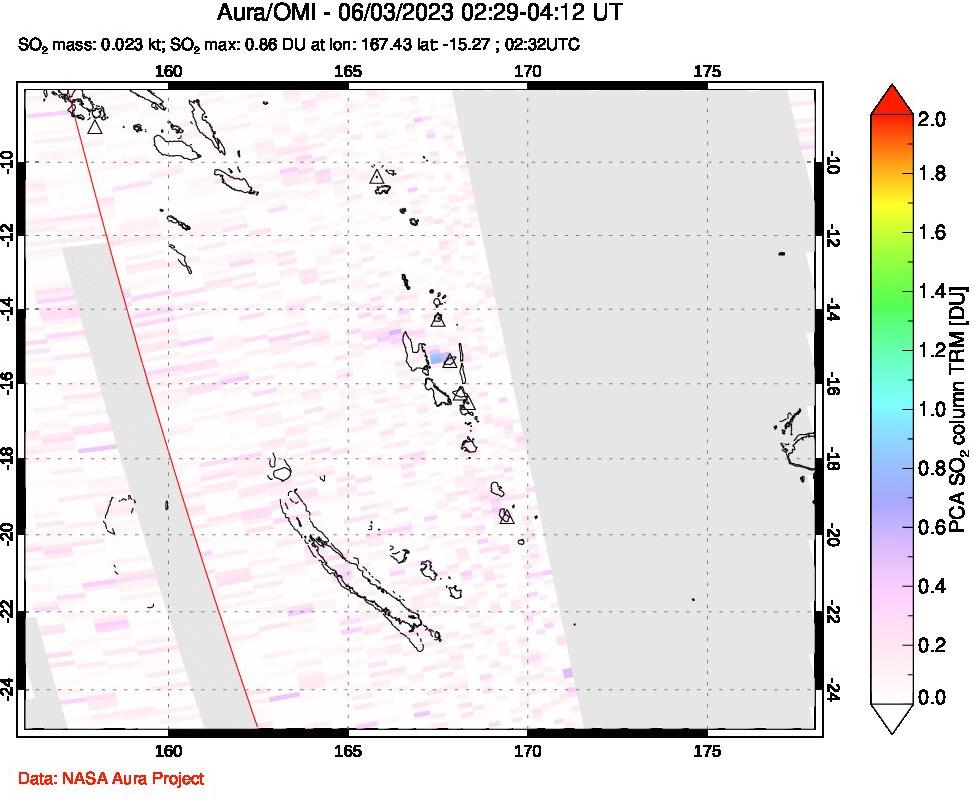 A sulfur dioxide image over Vanuatu, South Pacific on Jun 03, 2023.