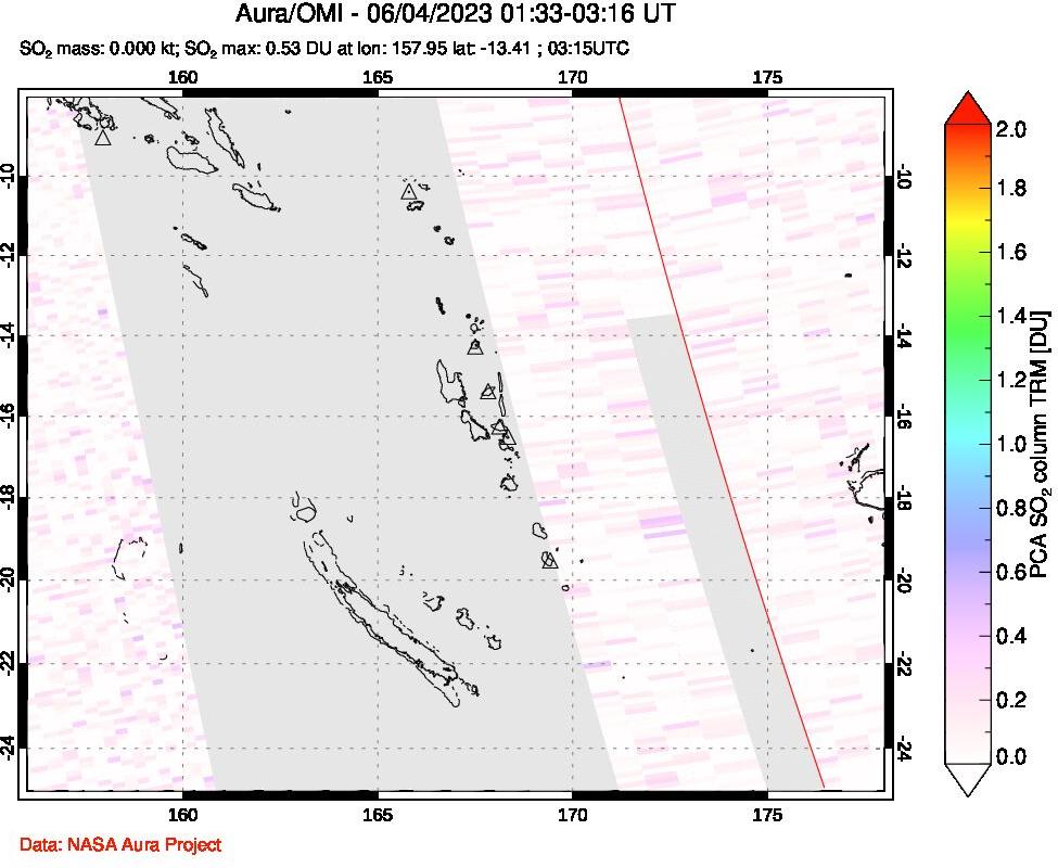 A sulfur dioxide image over Vanuatu, South Pacific on Jun 04, 2023.