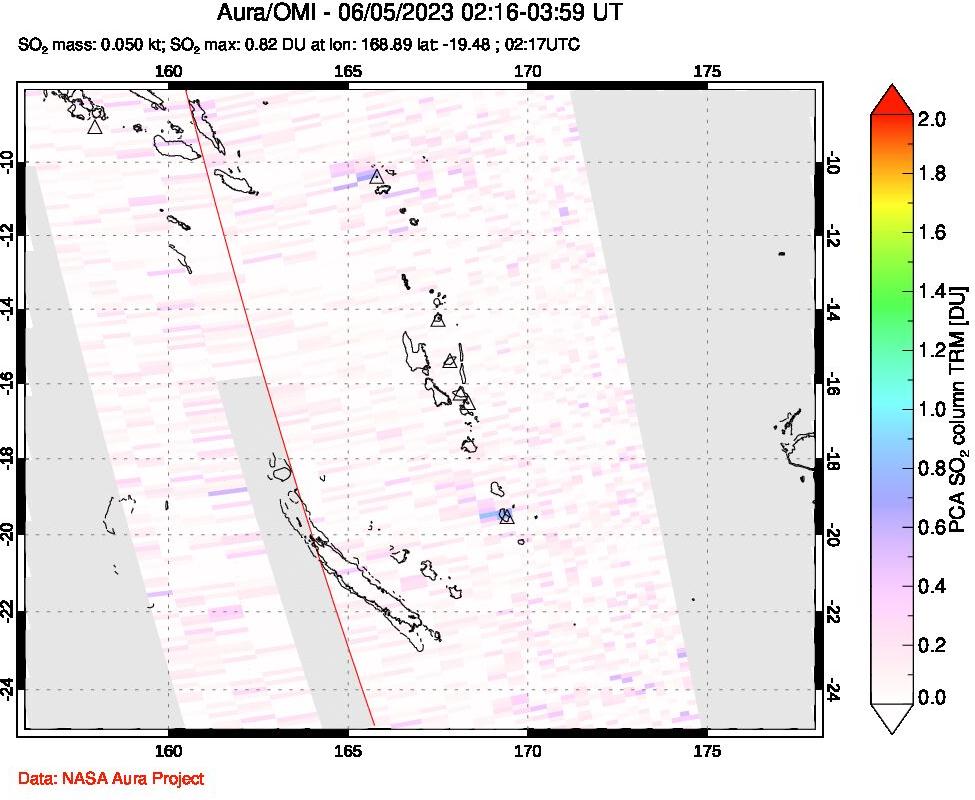 A sulfur dioxide image over Vanuatu, South Pacific on Jun 05, 2023.