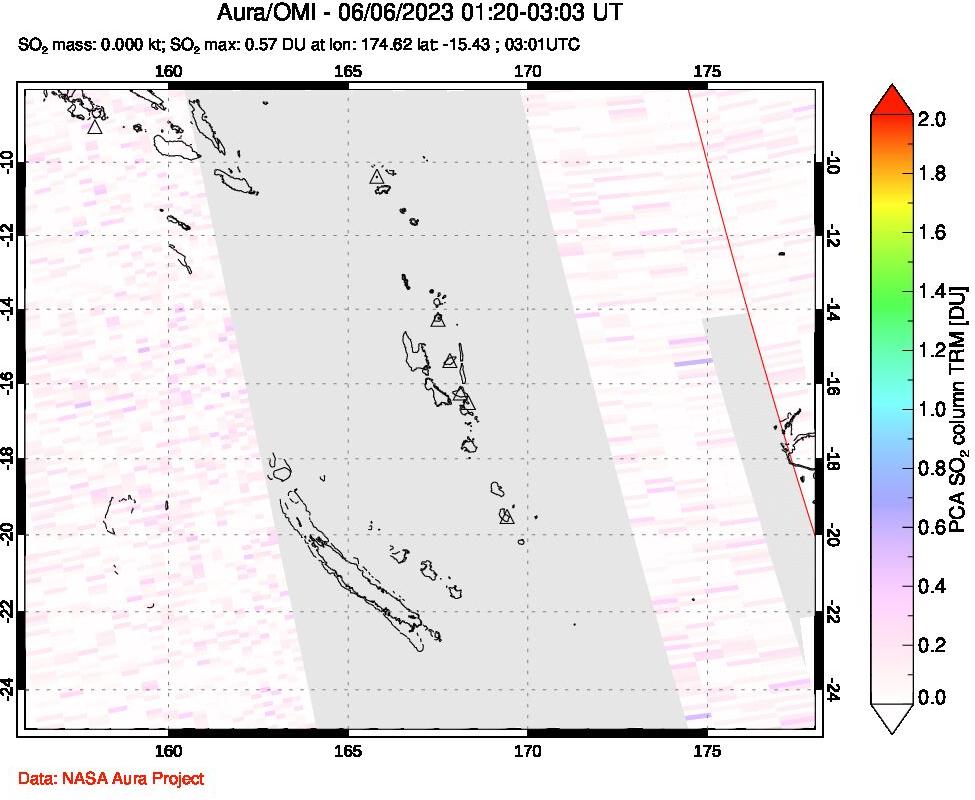 A sulfur dioxide image over Vanuatu, South Pacific on Jun 06, 2023.