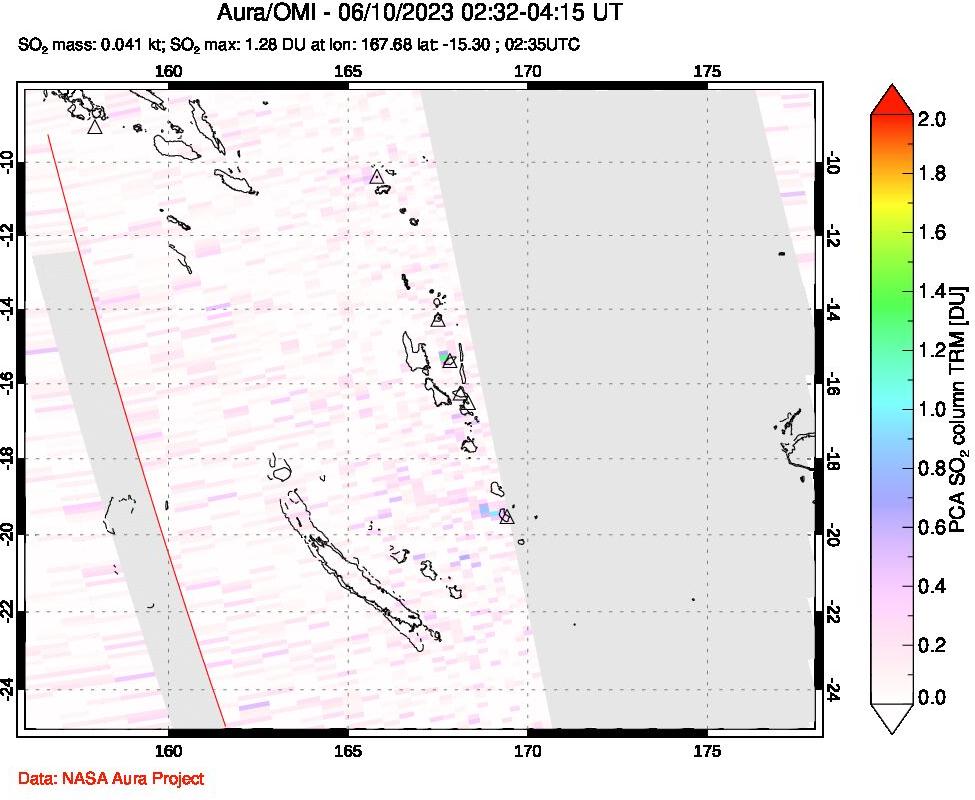 A sulfur dioxide image over Vanuatu, South Pacific on Jun 10, 2023.