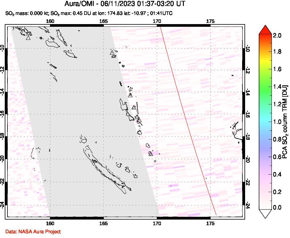 A sulfur dioxide image over Vanuatu, South Pacific on Jun 11, 2023.