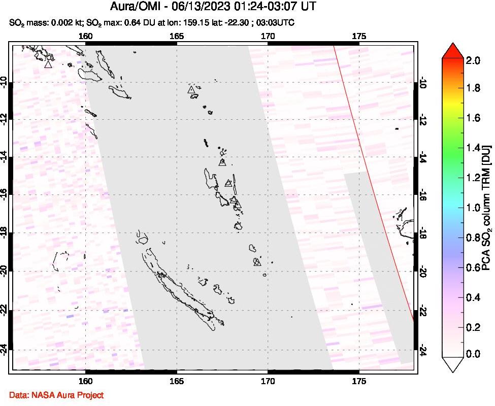 A sulfur dioxide image over Vanuatu, South Pacific on Jun 13, 2023.