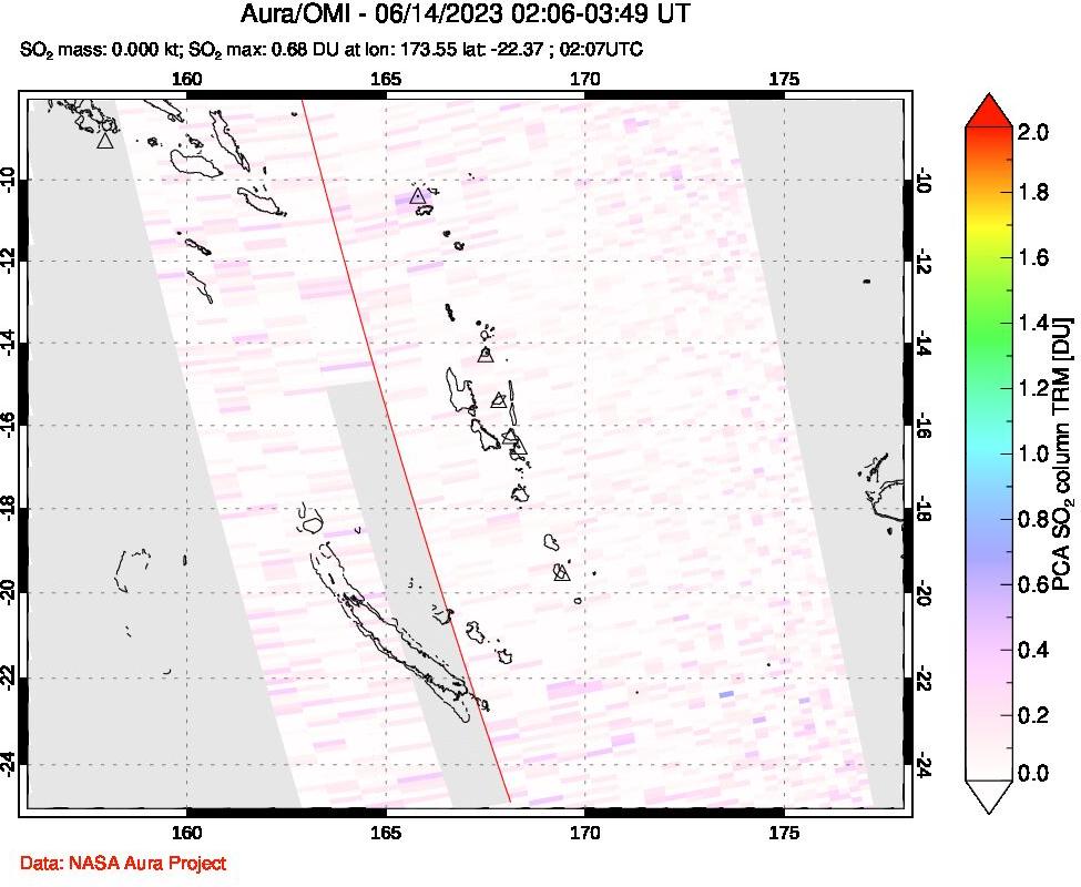 A sulfur dioxide image over Vanuatu, South Pacific on Jun 14, 2023.