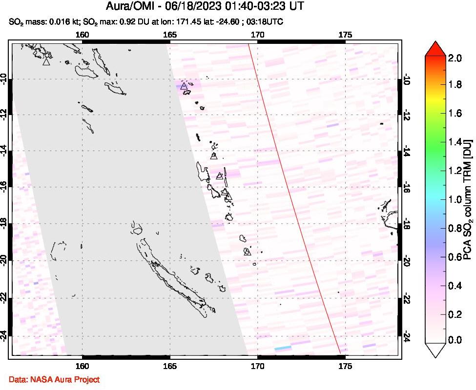 A sulfur dioxide image over Vanuatu, South Pacific on Jun 18, 2023.