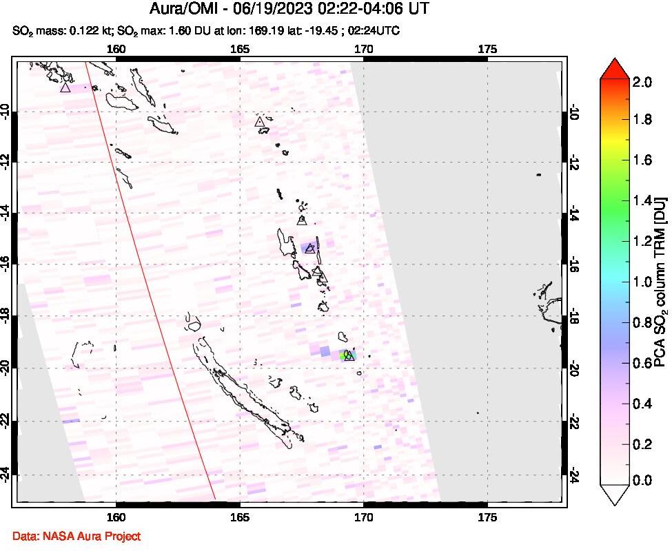 A sulfur dioxide image over Vanuatu, South Pacific on Jun 19, 2023.