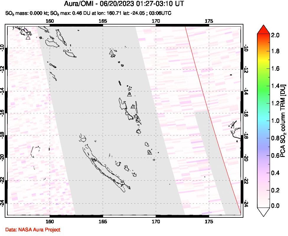 A sulfur dioxide image over Vanuatu, South Pacific on Jun 20, 2023.