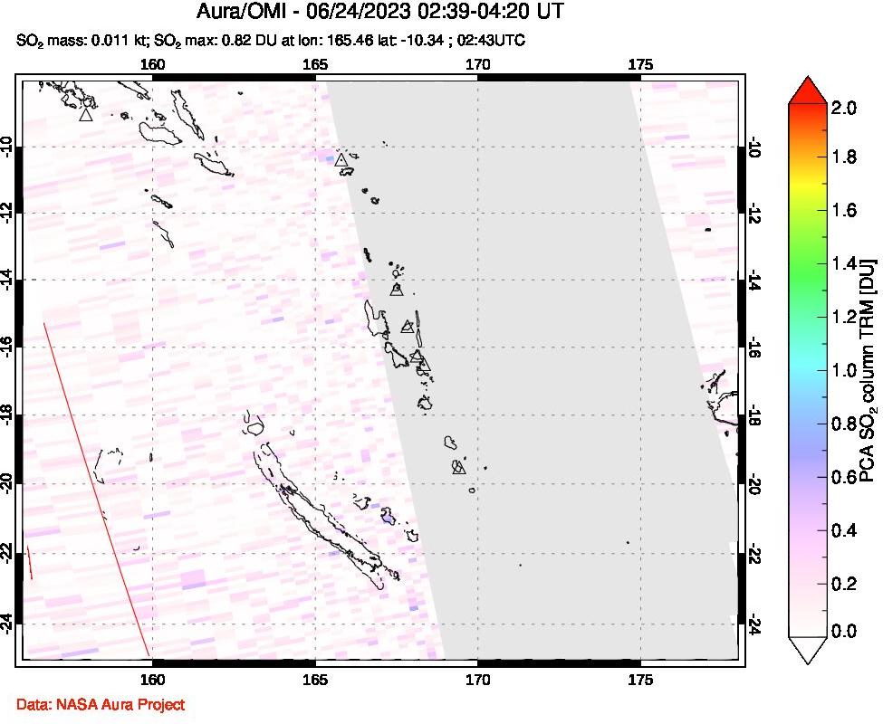 A sulfur dioxide image over Vanuatu, South Pacific on Jun 24, 2023.