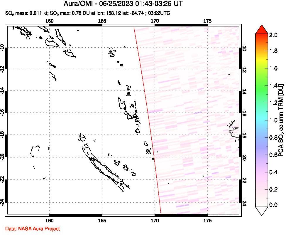 A sulfur dioxide image over Vanuatu, South Pacific on Jun 25, 2023.