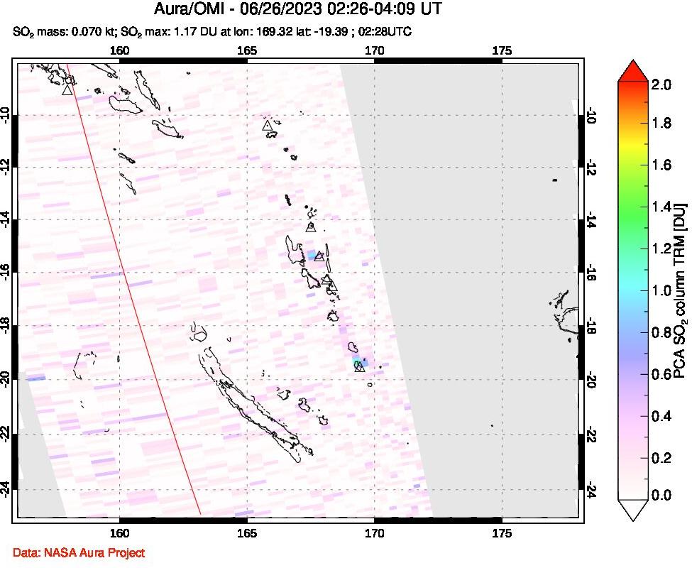 A sulfur dioxide image over Vanuatu, South Pacific on Jun 26, 2023.