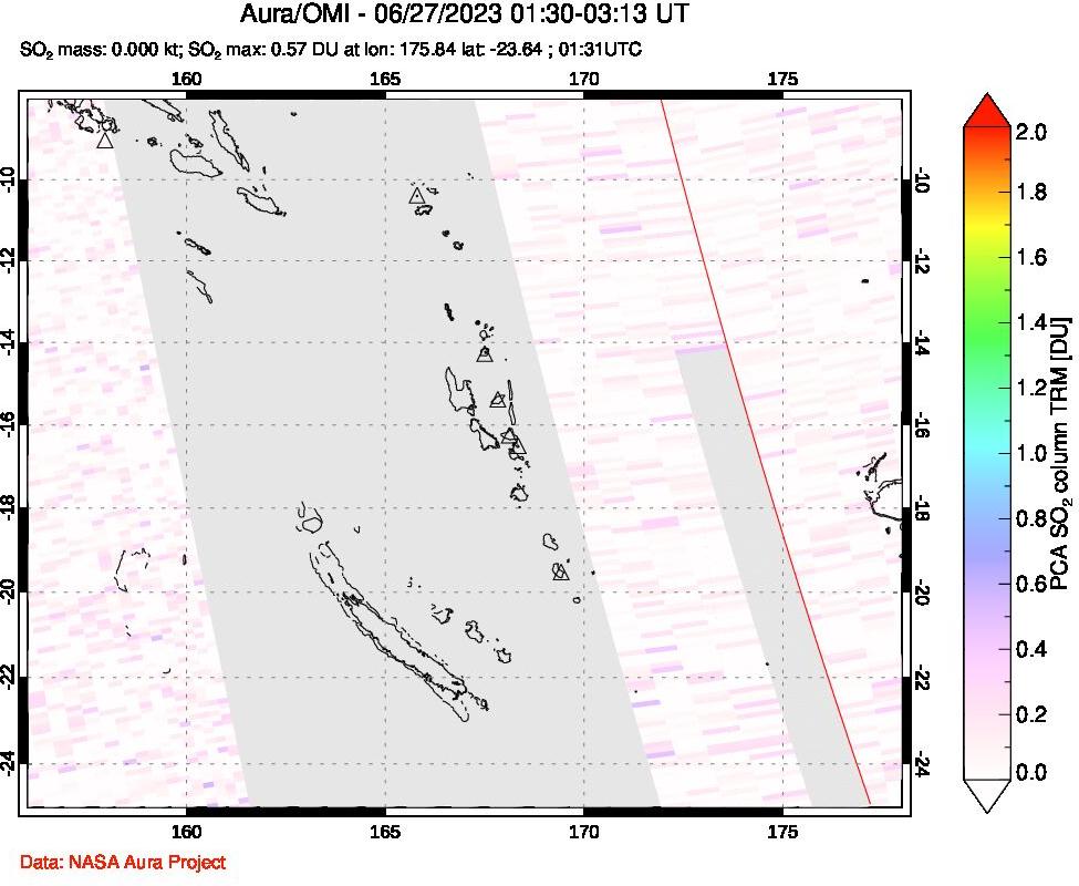 A sulfur dioxide image over Vanuatu, South Pacific on Jun 27, 2023.