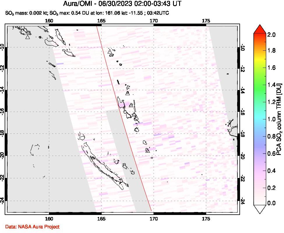 A sulfur dioxide image over Vanuatu, South Pacific on Jun 30, 2023.