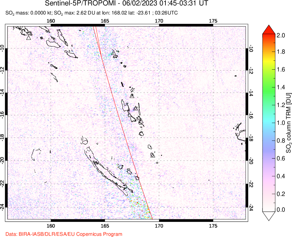 A sulfur dioxide image over Vanuatu, South Pacific on Jun 02, 2023.