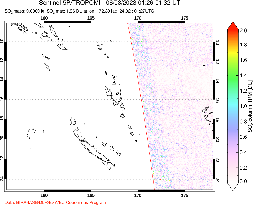 A sulfur dioxide image over Vanuatu, South Pacific on Jun 03, 2023.