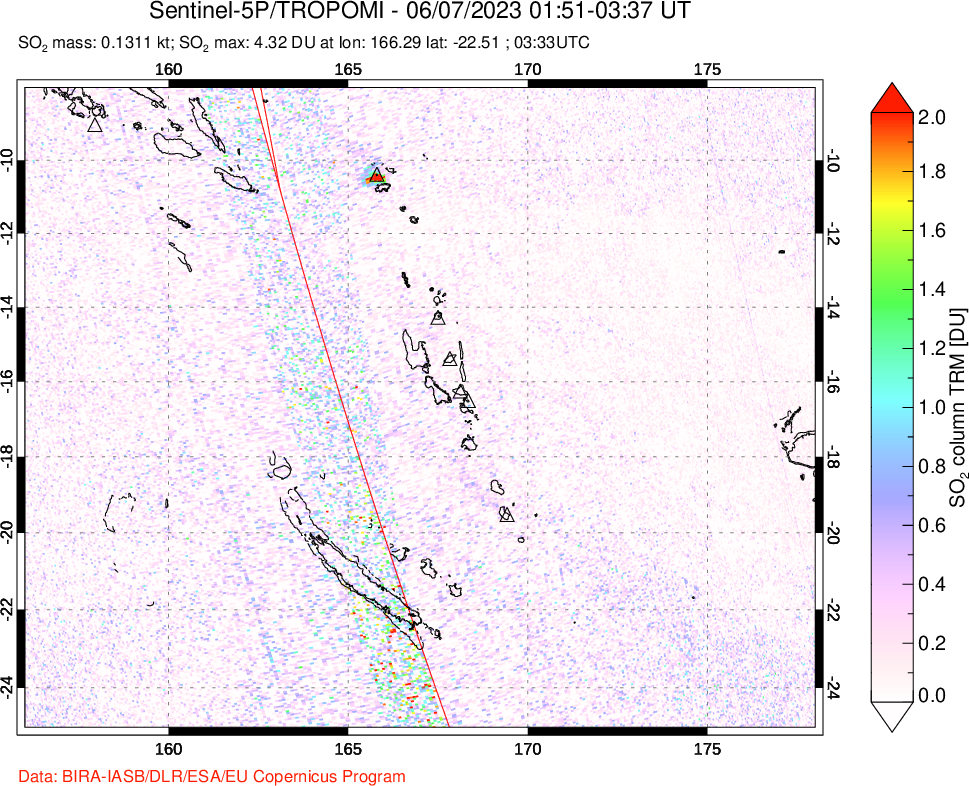 A sulfur dioxide image over Vanuatu, South Pacific on Jun 07, 2023.