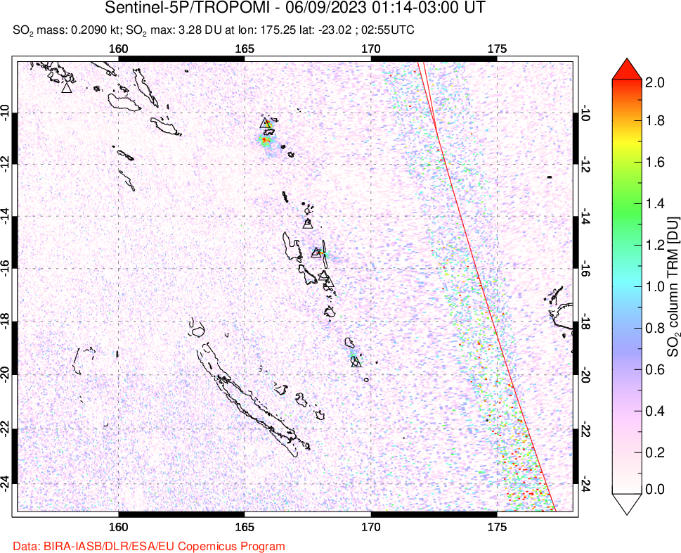 A sulfur dioxide image over Vanuatu, South Pacific on Jun 09, 2023.