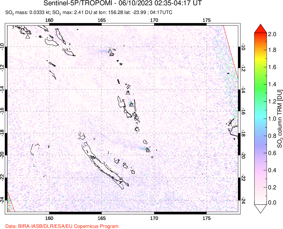 A sulfur dioxide image over Vanuatu, South Pacific on Jun 10, 2023.