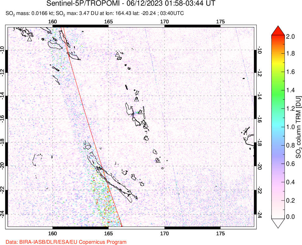 A sulfur dioxide image over Vanuatu, South Pacific on Jun 12, 2023.