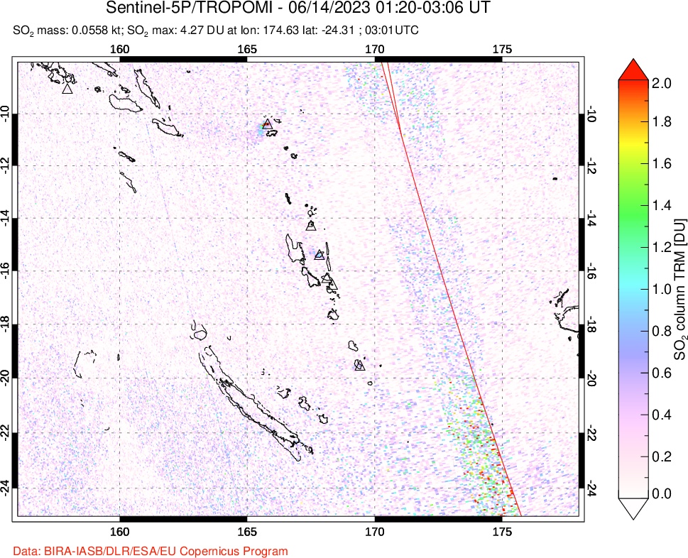 A sulfur dioxide image over Vanuatu, South Pacific on Jun 14, 2023.