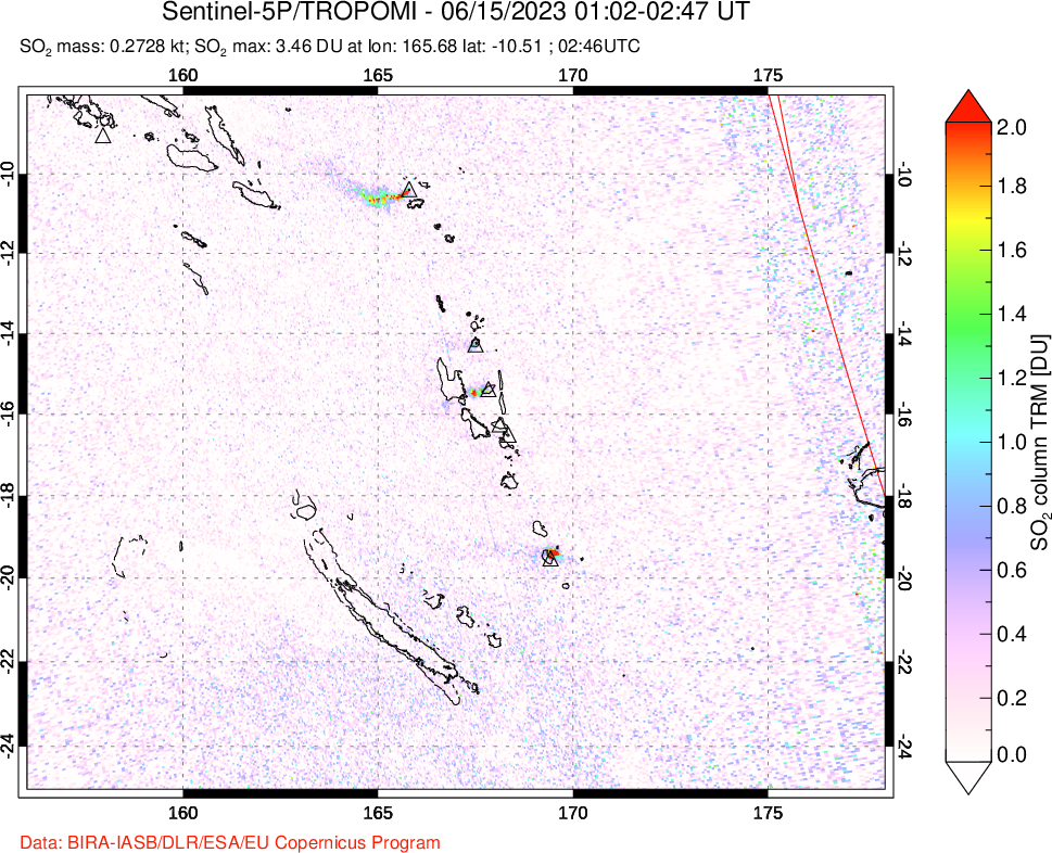 A sulfur dioxide image over Vanuatu, South Pacific on Jun 15, 2023.