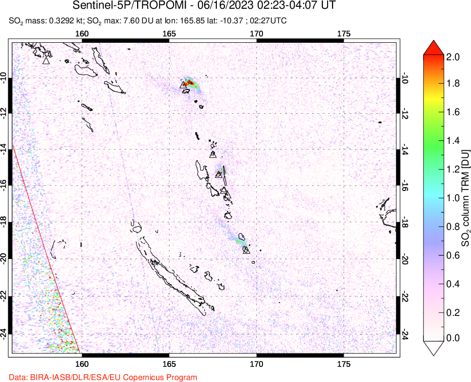 A sulfur dioxide image over Vanuatu, South Pacific on Jun 16, 2023.