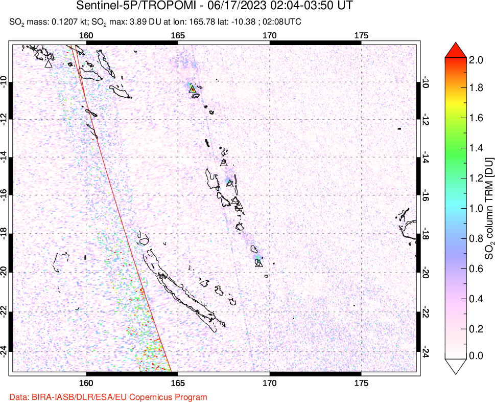 A sulfur dioxide image over Vanuatu, South Pacific on Jun 17, 2023.