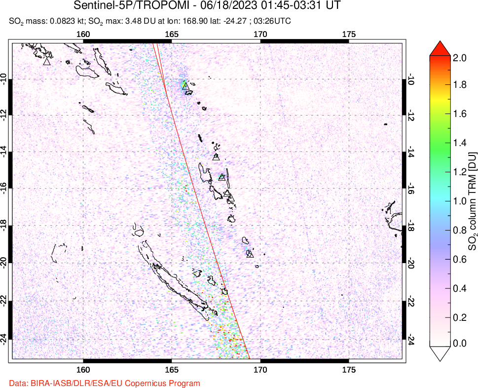 A sulfur dioxide image over Vanuatu, South Pacific on Jun 18, 2023.