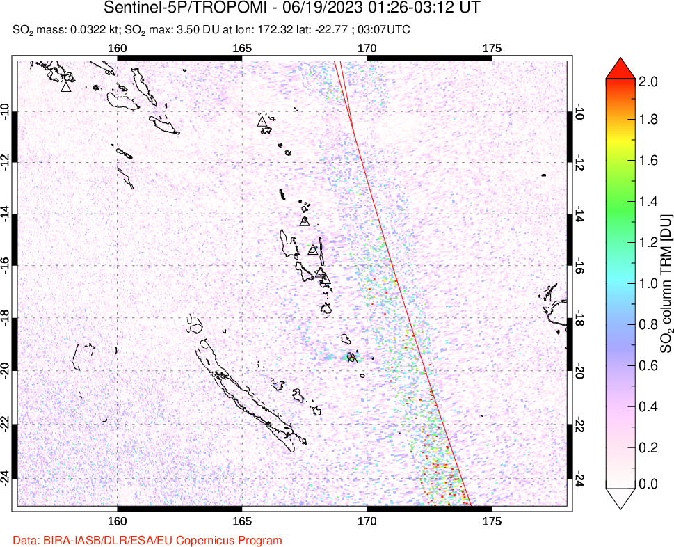 A sulfur dioxide image over Vanuatu, South Pacific on Jun 19, 2023.