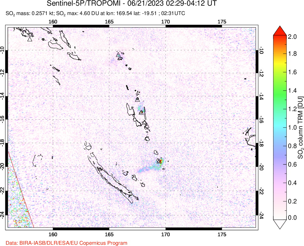A sulfur dioxide image over Vanuatu, South Pacific on Jun 21, 2023.