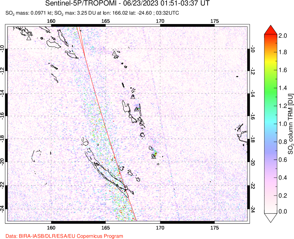 A sulfur dioxide image over Vanuatu, South Pacific on Jun 23, 2023.