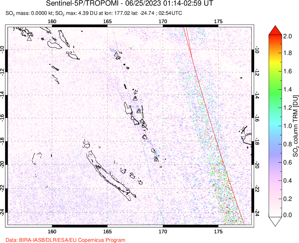 A sulfur dioxide image over Vanuatu, South Pacific on Jun 25, 2023.