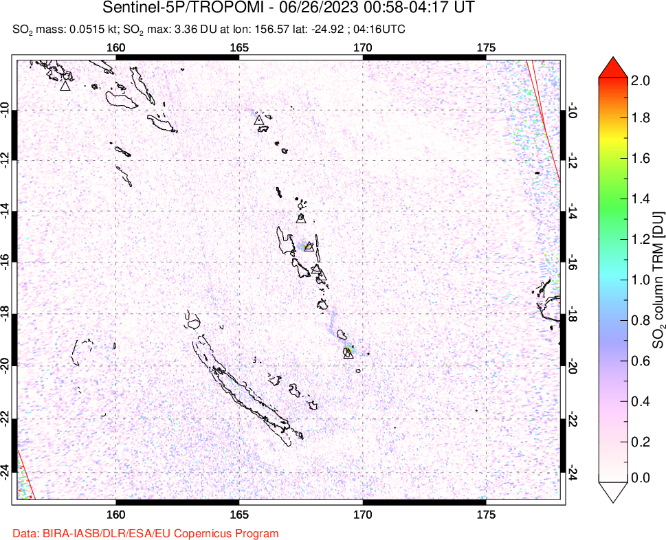 A sulfur dioxide image over Vanuatu, South Pacific on Jun 26, 2023.