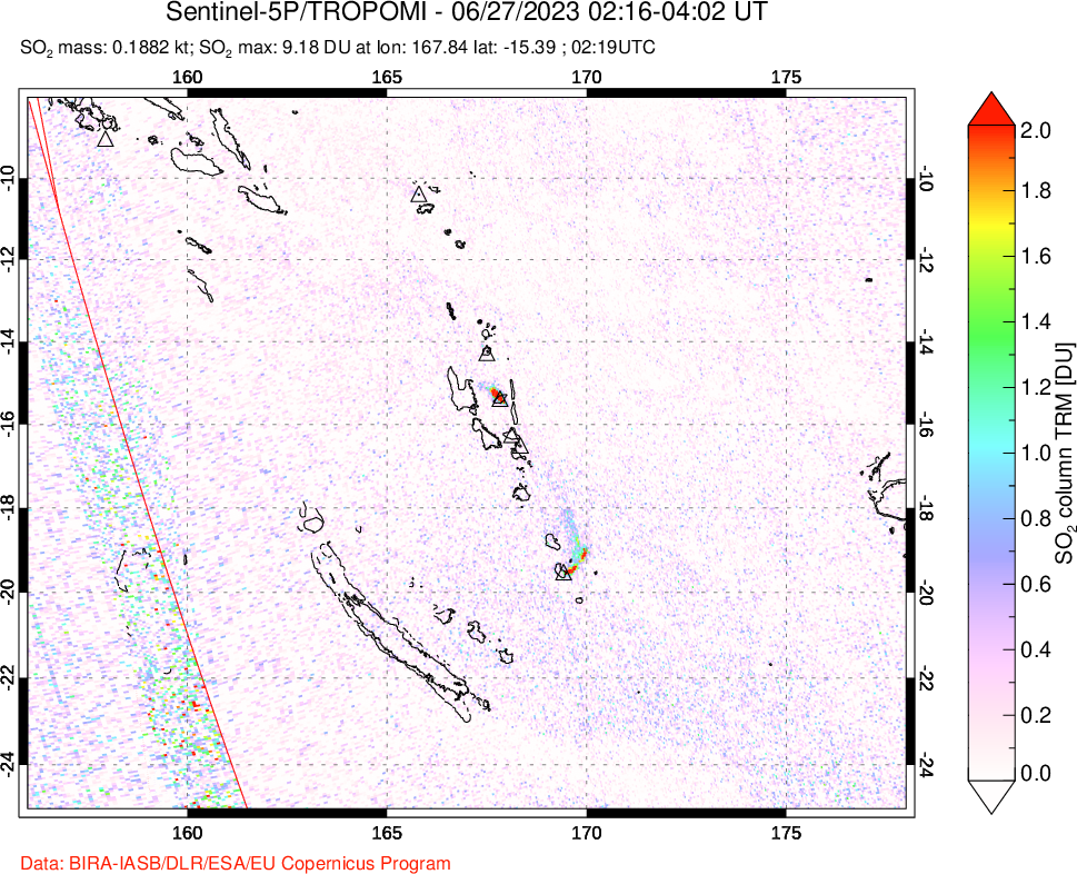 A sulfur dioxide image over Vanuatu, South Pacific on Jun 27, 2023.