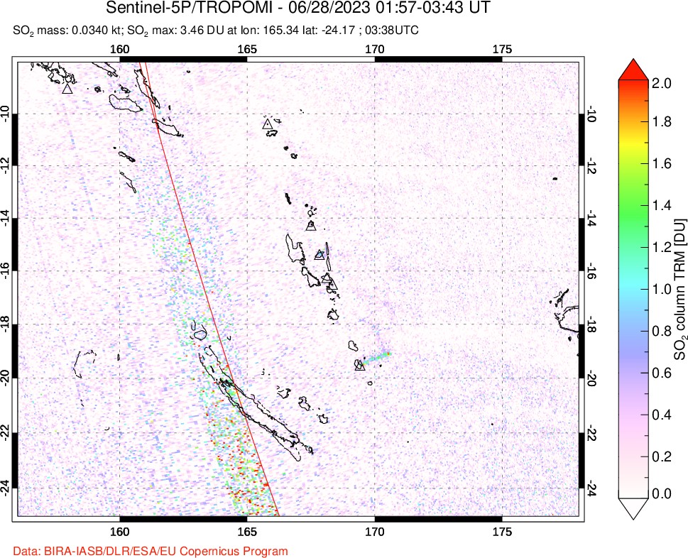 A sulfur dioxide image over Vanuatu, South Pacific on Jun 28, 2023.