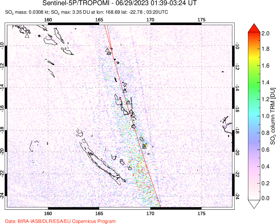 A sulfur dioxide image over Vanuatu, South Pacific on Jun 29, 2023.
