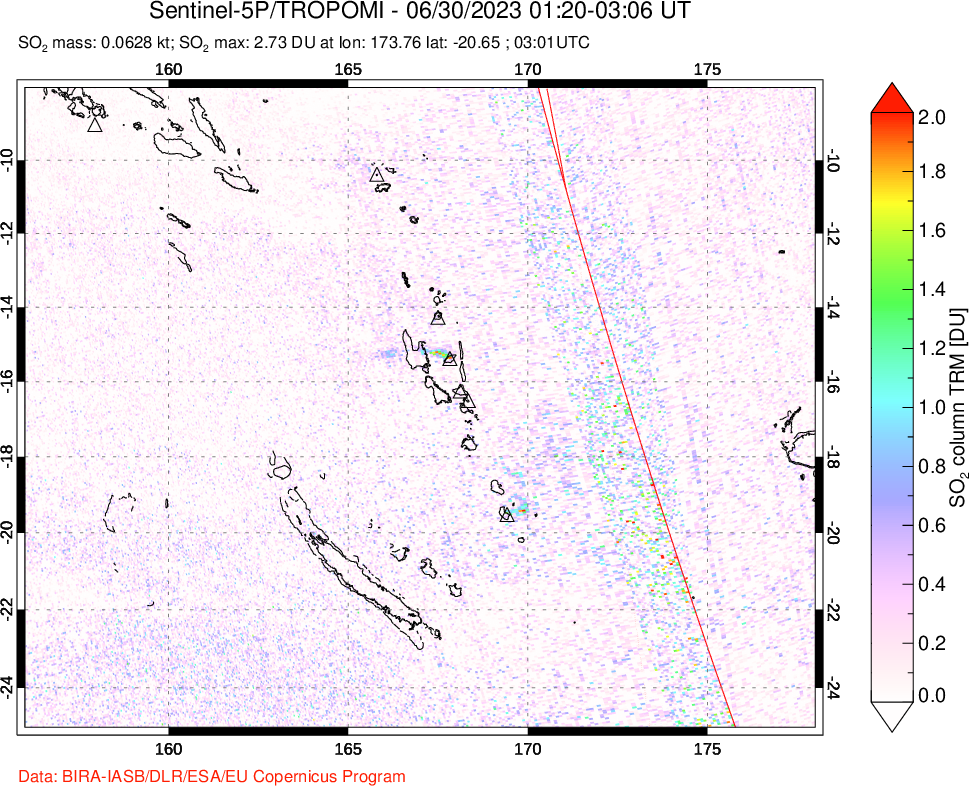 A sulfur dioxide image over Vanuatu, South Pacific on Jun 30, 2023.