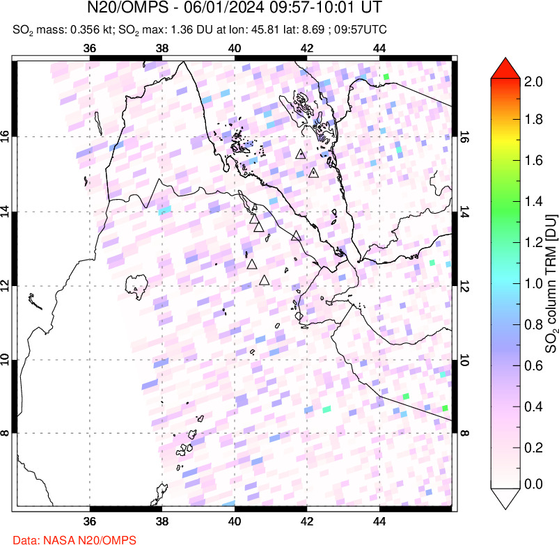 A sulfur dioxide image over Afar and southern Red Sea on Jun 01, 2024.