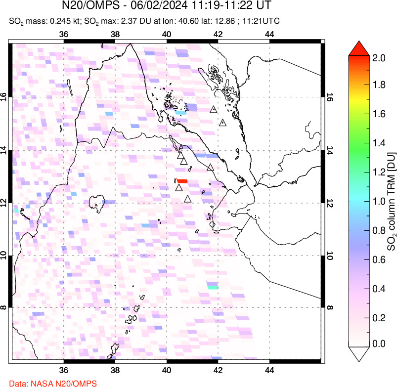 A sulfur dioxide image over Afar and southern Red Sea on Jun 02, 2024.