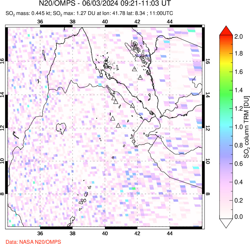 A sulfur dioxide image over Afar and southern Red Sea on Jun 03, 2024.