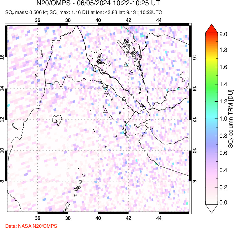 A sulfur dioxide image over Afar and southern Red Sea on Jun 05, 2024.